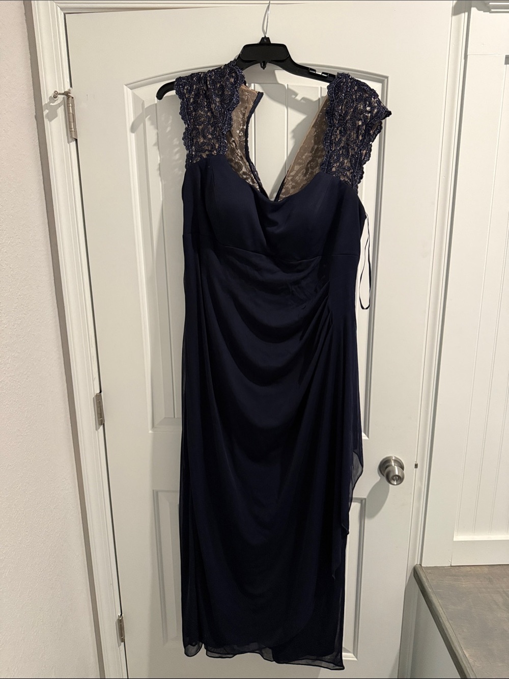 Navy Lace Cap-Sleeve Wedding Guest Dress